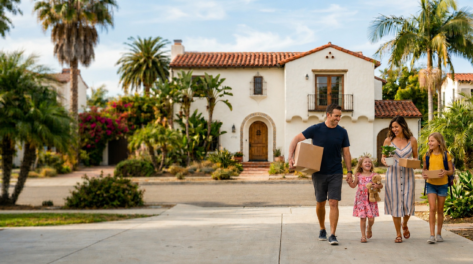 Family in front of their new home