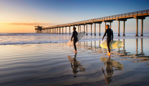 Surfers going into the ocea, San Diego beach