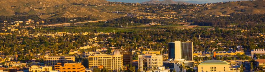 Evening light on on distant mountains and the city of Riverside, from Mount Rubidoux Park, in Riverside, California.