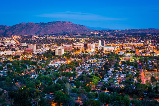 Twilight view of the city of Riverside, from Mount Rubidoux Park, in Riverside, California