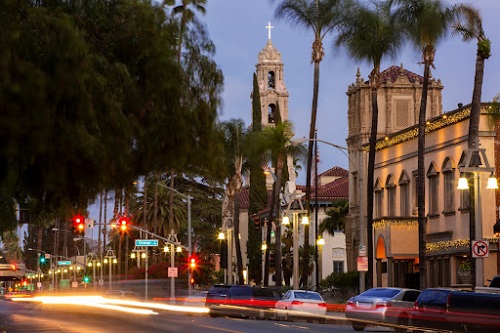 Twilight view of the historic section of downtown Riverside, California