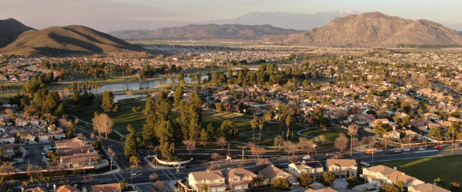 Aerial view of Menifee neighborhood, residential subdivision vila during sunset. Riverside County, California